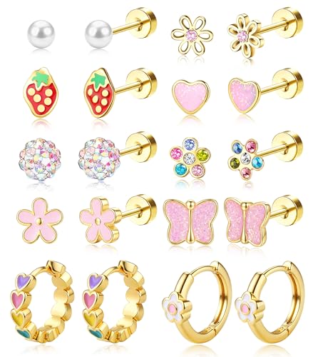 SAILIMUE Hypoallergenic Flat Back Earrings for Girls Women Surgical Steel Earrings for Sensitive Ears Women Cute Butterfly Flower Stud Earring Set for Teen Girls Kids Toddler Baby Jewelry Gifts