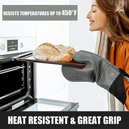 IMILLET Oven Mitts and Pot Holders Set, 4-Piece Set Silicone Heat Resistant Oven Mitts, Extra Long Oven Gloves, Oven Mitts and Pot Pads Kitchen Gloves with No-Slip Flexible for Baking Cooking Grey - Thumbnail 2