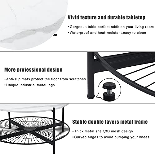 Image of NSdirect Round Coffee Table,2-Tier 36 inch Rustic Wooden Tabletop and Reinforced Crossbar with Open Storage Shelf Vintage Circle Cocktail Table with Metal Legs for Living Room,White