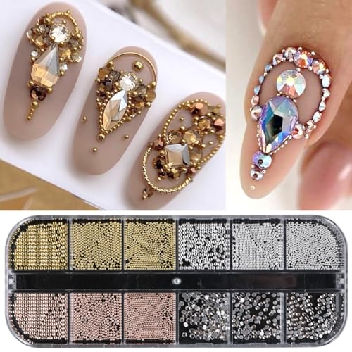 12Gird/box Stainless Steel Caviar Beads Nail Art Mixed-Size Alloy Gun Beads Silver/Gold Nail Charms Nail Studs Accessories Gold Charms for Nails gold beads for nails