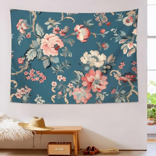 Tapiz de pared azul marino con delicada impresión de plantas rococó pintado a mano