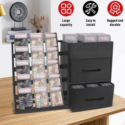Image of 5-Tier Trading Card Display Stand,Large Card Display Case with 2 Drawers & 9 Compartments,Wooden Graded Sports Card Display Holds 200+ PSA /BGS /SGC Slabs to Showcase and Protect Your Collection