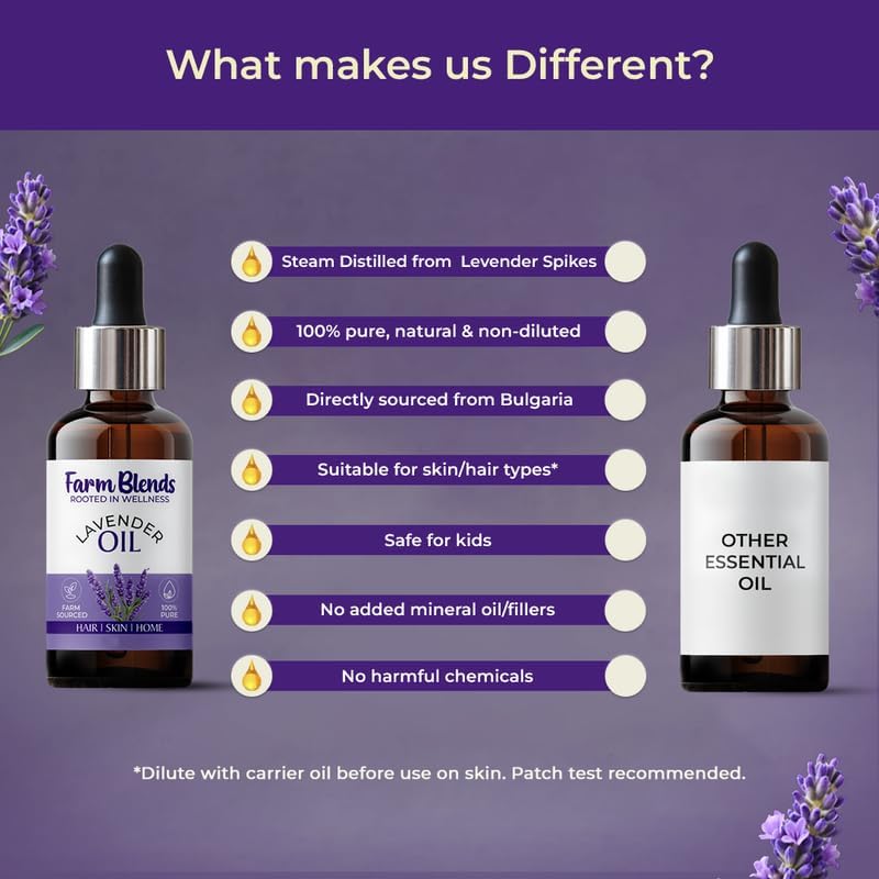 Image of Farm Blends Bulgarian Lavender Essential Oil 100% Undiluted Pure | For Hair Growth, Rejuvenated Skin, Relaxed Sleep, Diffuser | Farm To Home | Natural | Lavandula angustifolia|15ML + 15ML (Pack of 2)