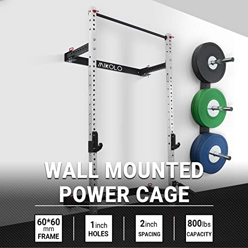 Mikolo Folding Squat Rack,800Lbs Capacity Wall Mounted Power Rack with Pull Up Bar, J Cups, Space Saving Home Gym Equipment (White)