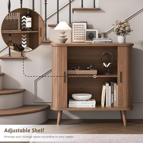 Image of BORNOON Buffet Cabinet with Storage, Curved-Edge Fluted Storage Cabinet Sideboard, Modern Walnut Sideboard Buffet with Adjustable Shelves & Sliding Door for Dining Room, Kitchen, Entryway