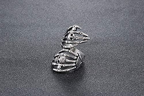 HIJONES Unisex Stainless Steel Gothic Punk Double Skull Skeleton Claws Ring Silver2