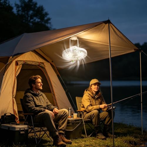 Ventilador solar para camping con linterna LED, 3 velocidades y mando a distancia de 3600 mAh 7
