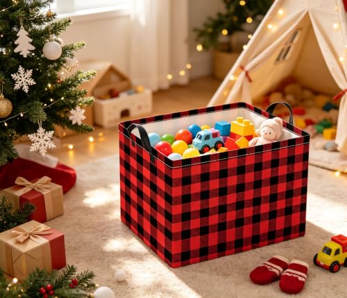 Image of Rectangular Storage Basket for Boys Kids Basket Storage Bin Organizer Box(Red Checkered)