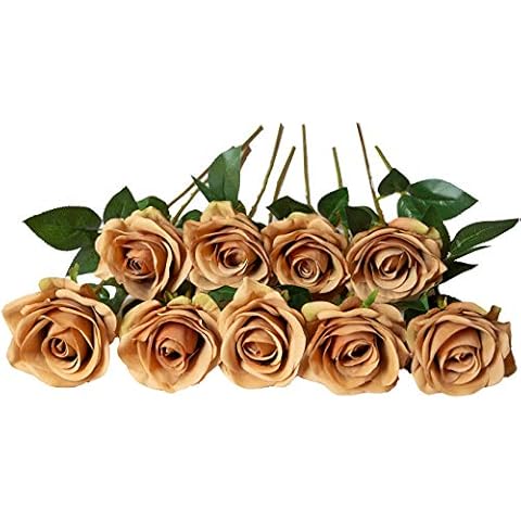 DuHouse 10pcs Artificial Toffee Roses Fake Silk Flowers Single Long Stem for Arrangement Wedding Party Home Decoration(Coffee) Cover