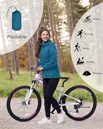 33,000ft Damen Wasserdichte Faltbar Regenjacke mit Kapuze, Leicht Atmungsaktive Windbreaker Jacke, Fahrradjacke für Frauen Fahrrad Sport Outdoorjacke, Petrol 3XL