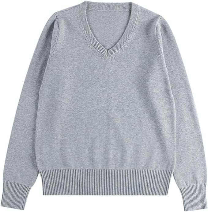 Women School Sweater V-Neck Long Sleeve Cotton Knit Pullover Solid Color Preppy Style High School Uniform Top