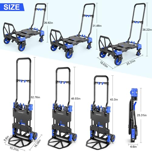 330LB Folding Hand Truck Heavy Duty Carrying, Combination of Four Wheels and Two Wheels Convertible Dolly Cart with Retractable Handle Dolly for Moving Office Carts(Blue)