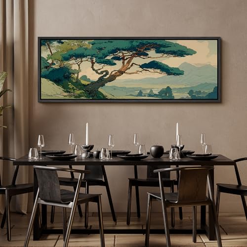Image of MUDECOR Large Framed Canvas Print Wall Art Vintage Japanese Pine Tree Landscape Oriental Antique Retro Ready to Hang Painting for Living Room Bedroom Multi-Sizes - 60 inchx20 inch