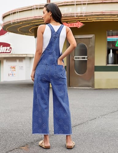 luvamia Summer Denim Overalls for Women Wide Leg Capri Jean Loose Fit Western Jumpsuit for Women Stretchy Embroidered Raw Hem Bib Overall Floral Classic Blue Medium US Size 8-10