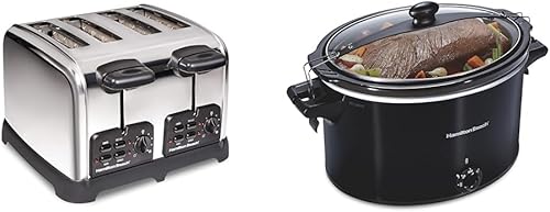 Hamilton Beach 24782 Tostadora retro con ranuras anchas, tecnología Sure-Toast y olla de cocción lenta, extra grande de 10 cuartos de galón,