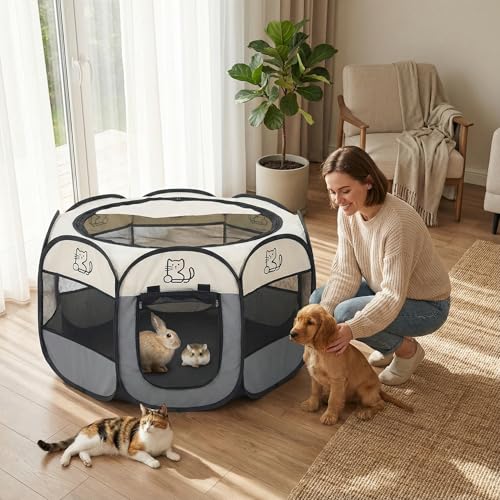 Welpenauslauf 74x74x43cm, BRIMOREA Katzenkäfig Hundekäfig für zuhause, Wurfkiste Wurfbox für Katzen Kaninchenstall innen Katzengehege Balkon Katzenkäfig für Draußen Kaninchengehege(Graue Katze)