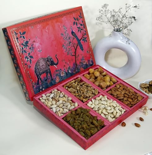 Image of Riwaz Prime EL Pink Diwali Dry Fruit Gift Box | Premium Royal Hamper - 6 Assorted Nuts & Dried Fruits: Almonds, Cashews, Pistachios, Walnuts, Raisins & Khumani | Luxury Festive & Corporate Gifting