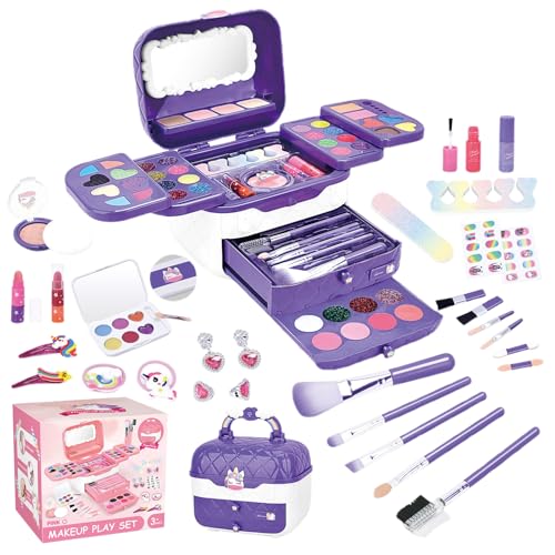 Zunetsutock Kit de maquillaje para niños – Juego de rodillos para tender – Juego con accesorios de maquillaje falso, espejo portátil, pintalabios, sombras de ojos, cepillos, juguetes interactivos |