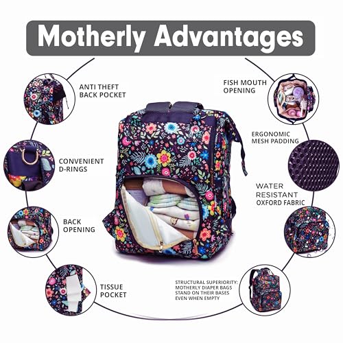 Image of Motherly Patented Diaper Bag Backpack for Moms | Waterproof Baby Travel & Maternity Bag | Spacious Nappy Bag with Insulated Bottle Pockets & Warranty (Floral Series)