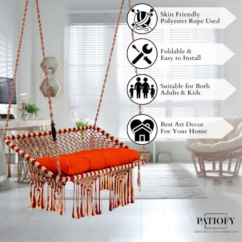 Image of Patiofy Premium Large Double Seater Swing Hanging Hammock Swing Chair for 2 People /Jhula for Adults / 2 Seater Swing for Balcony /Includes Free Hanging Kit & Cushion (Red Golden)