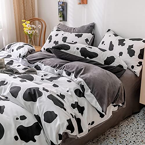 Mengersi Cow Print Duvet Cover Set,Velvet Duvet Cover Warm Fluffly Bedding Sets,Milk Cow Reversible Solid Bedding Collections Soft For Kids Boys Girls Full Size #TOP4