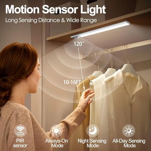 Image of FLYNGO Motion Sensor Under Cabinet LED Light, 3 Color Modes Wireless Rechargeable Closet Light with Stepless Dimming for Under Counter, Kitchen, Cabinet, Wardrobe, Bedroom, Cupboard (30 CM)