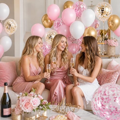 Image of Balloons Pink Gold Confetti, 60 Packs 12 Inch Pink White Metallic Gold Balloon for Girls Birthday Wedding Bridal Baby Shower Princess Party Decorations