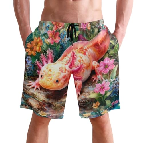 Men's Swim Trunks Quick Dry Swimming Shorts with Pocket Colorful Axolotl in Floral Garden Swimsuit Trunks