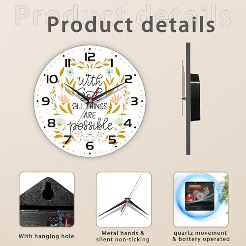 Demacya Wall Clock, With God All Things Are Possible Wall Clocks Vintage Wooden Battery Operated Non Ticking 10 Inch Clock Silent Art Bedroom Kitchen Clock Home Decor For Girls Kids thumb #2
