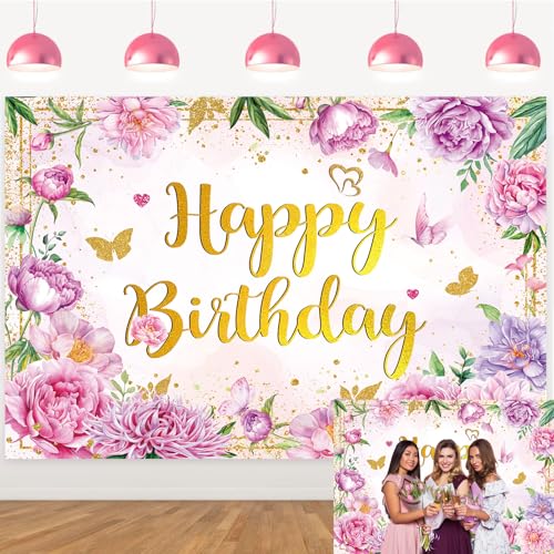 Floral Happy Birthday Backdrop 7x5ft Pink Flower Golden Glitter Birthday