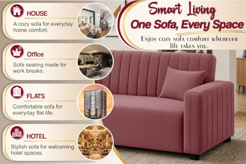 Image of Modern 3 Seater Sofa | Vertical Channel Tufted Backrest & Armrests | Plush Cushioned Seating | Contemporary Upholstered Couch for Living Room, Bedroom & Office - Rose Pink Color