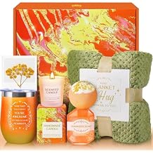 Gifts for Women, Self Care Gifts Basket for Mom, Wife, Sister, Daughter, Bestie, Grandma, Get Well Soon Spa Retirement Gift Basket Set with Flannel Blanket, Anniversary Thank You Gift orange