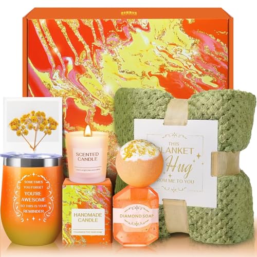 Birthday Gifts for Women, Get Well Soon Self Care Retirement Thinking of You Inspirational Gifts Basket with Flannel Blanket for Mom, Grandma, Sister, Wife, Girlfriend, Anniversary (Orange)