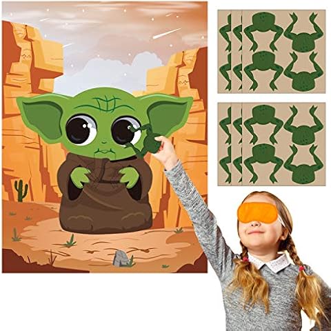 ANGOLIO Baby Grogu Pin The Tail Games Party Supplies Pin The Frog on The Space Wars Poster Birthday Collection Favor Baby Shower Background Game Accessories for Kids ( Includes 2 Blindfolds ) Cover
