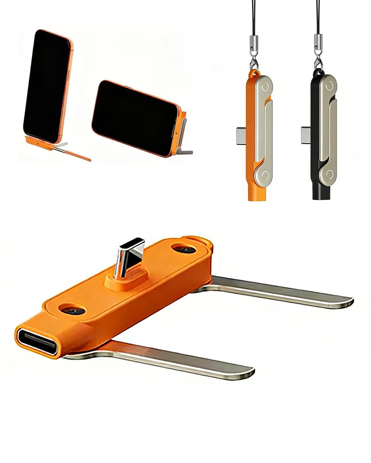 Cable de Carga Rapida 240W Soporte Plegable Telefono Movil, Desmontable 2 en 1 Tipo C, Cables Datos de Teléfono Plegables Invisible Portátil Automóvil Viajes Juegos (Orange Stand)