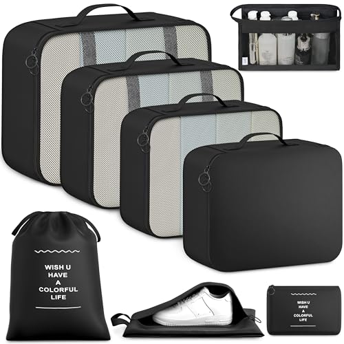 BAGAIL 8-Piece Packing Cubes Set, Travel Organizers with Breathable Mesh & Shoe Bag, Lightweight Nylon Packing Organisers for Luggage Suitcase, 9 Colors - Black