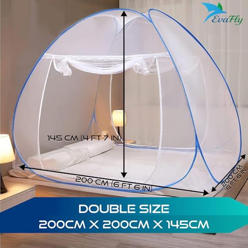 Image of Evafly Mosquito Net for King Size Bed | Premium Polyester Mesh | Foldable Pop-Up Bed Net | Fine Mesh with 30 Pairs of Glow Stars | Protection Against Mosquitoes & Insects | Easy Setup, Washable | Blue