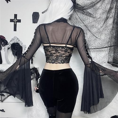 Image of Women Gothic Crop Top Shirt Y2K Black Bell Sleeve Shawl Cardigan