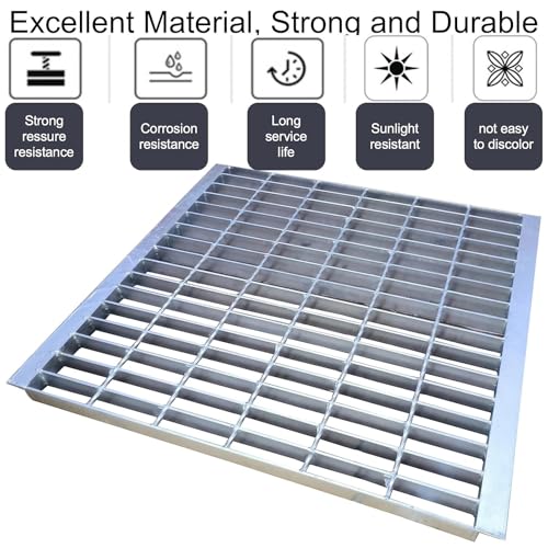 Image of Galvanized Steel Drain Grate with Lip 28x28 in, B-Class 28100 lbs Heavy-Duty Driveway Channel Cover w /Base, Outdoor Trench Drainage Grate, Silver Square Metal Sewer Cover for Garage