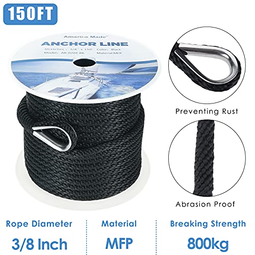image for Amarine Made Anchor Line 3/8 Inch 150FT Premium Solid Braid MFP Braide