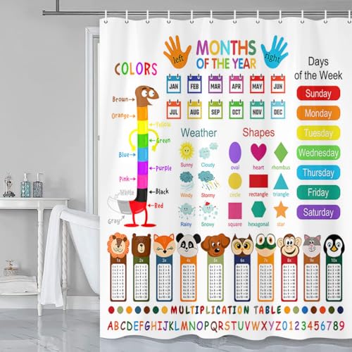 Image of Funny Kids Shower Curtain, ABC Educational Restroom Curtain with Vehicle Smathematical Knowledge for Boys Girls, Gute Pupil Students Learning Tools Cloth Fabric Bathroom Accessories Decor