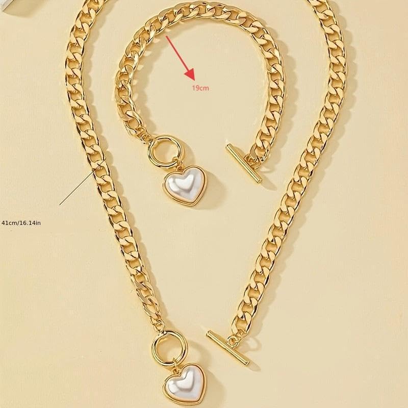 Pearl Heart Necklace and Bracelet Set for WomenHeart Locket Choker with Cuban Link Chain, Chunky Statement Jewelry for Women Trendy Party Jewelry Set - Image 5