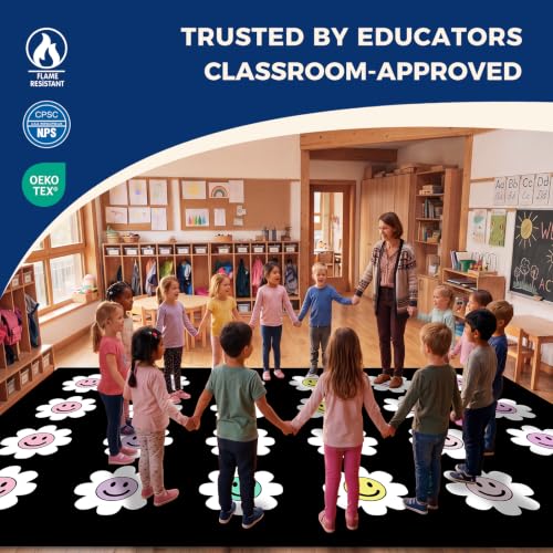 Image of Booooom Jackson Classroom Rug - 7'6''x13' Cheerful Flower Smiley Seating Square Preschool Classroom Carpet, Non-Slip & Stain Resistant, 20X Easy Clean, Thick Nylon Kids Playroom Floor Mat