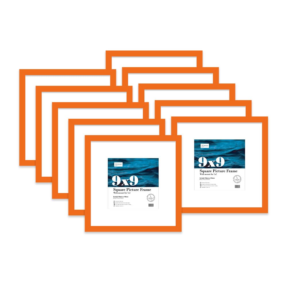 Almost Frameless 9x9 Orange Picture Frame Set of 10, Display 9x9 Pictures with Mount or 7x7 Without Mount Gallery Wall, Poster, Photo, Artwork, or Print, Orange