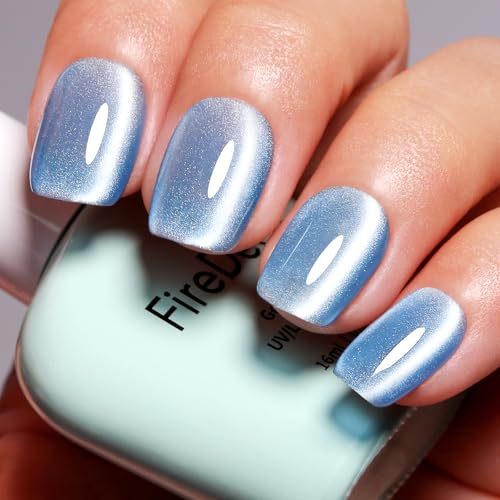 Firedeep Moonlight Vernis à ongles gel œil de chat bleu clair – 16 ml bleu clair holographique scintillant UV/LED avec bâton magnétique