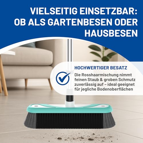 Rival Besen mit umlaufender Gummierung & Teleskopstiel türkis – Besen & Stiel mit Besatz aus Rosshaarmischung – ergonomisch geformter Teleskopbesen – Kehrbesen für Drinnen & Draußen