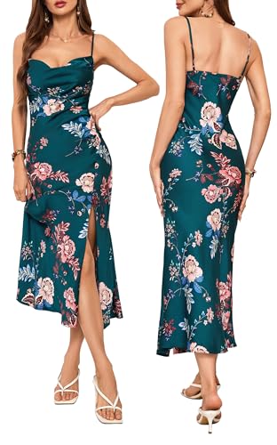 Image of Wedding Guest Dress for Women Spaghetti Strap Satin Slip Dresses | Slit Midi Dress, Cowl Neck, Cocktail, Formal, Evening Party