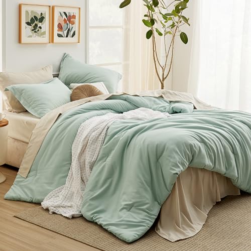Bedsure Queen Comforter Set – 7 Pieces Sage Green Queen Bedding Set for All Seasons, Boho Contrasting Design Bed in a Bag with Comforter, Sheets, Pillowcases & Shams