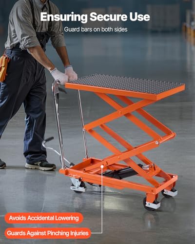 Image of VEVOR Hydraulic Lift Table, 500 lbs Capacity, 47.2 inch Lifting Height, Double Scissor Lift Table Cart with 4 Wheels and Non-Slip Pad, Manual Hydraulic Lifting Cart for Material Handling & Transportation