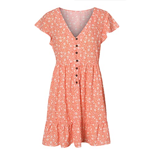 Vestido curto laranja queimado manga curta moderno decote em V chiffon mini floral gráfico boêmio pa